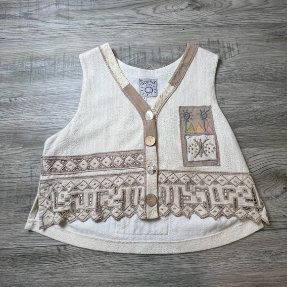Surya Jackets & Blazers - Surya Vest Womens Small Cream Boho Embroidered Patchwork Y2K Artsy Button Front